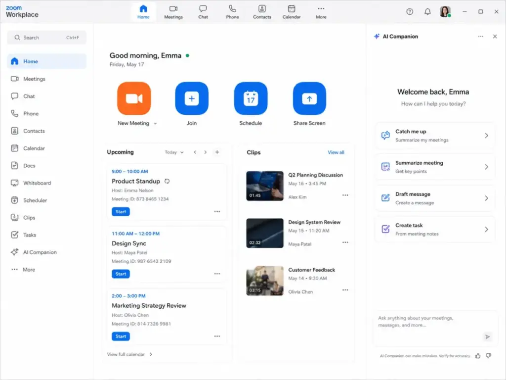 Zoom Workplace app interface showing Meetings, Chat, Docs, Clips, Tasks, and AI Companion side by side.