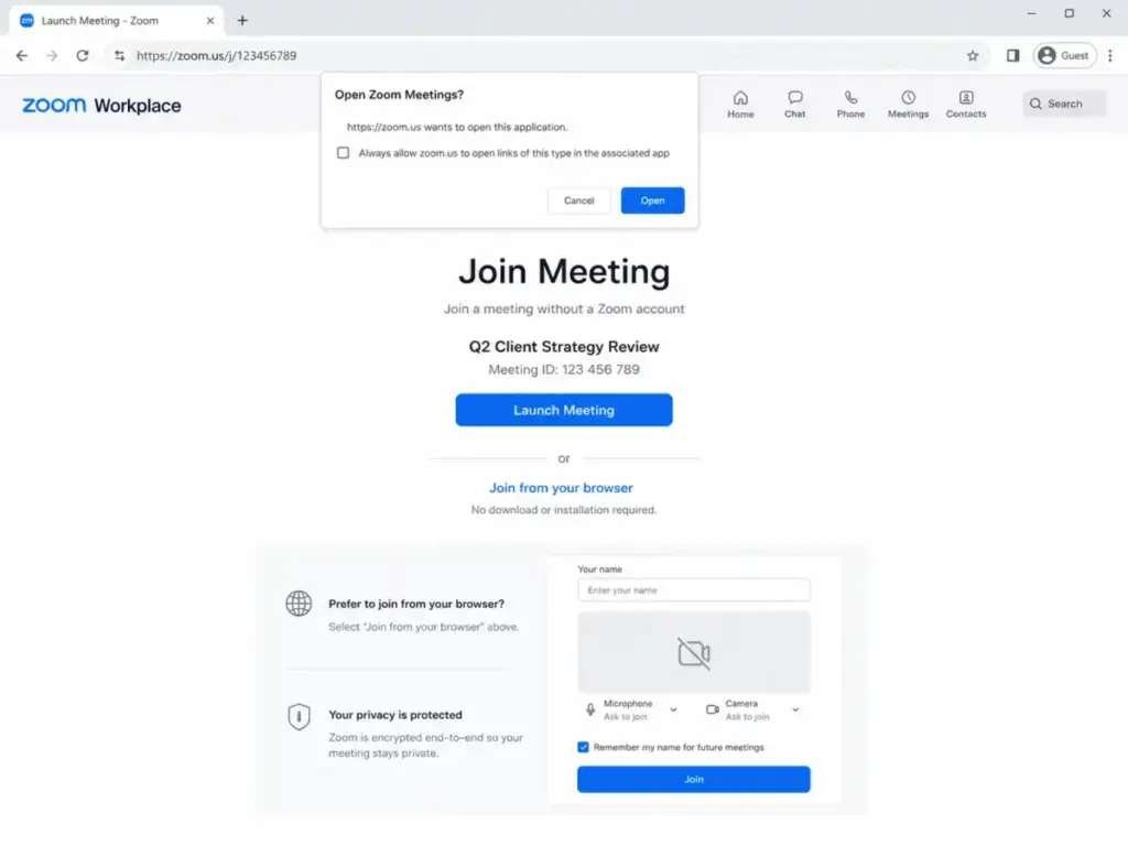 Zoom Workplace meeting join page showing a browser launch prompt and Join from your browser option for external participants.