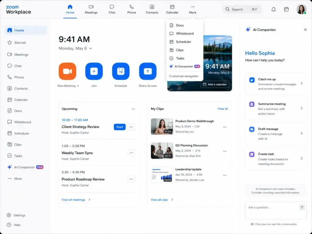 Zoom Workplace dashboard showing navigation for Meetings, Chat, Phone, Docs, Whiteboard, Scheduler, Clips, Tasks, and AI Companion.