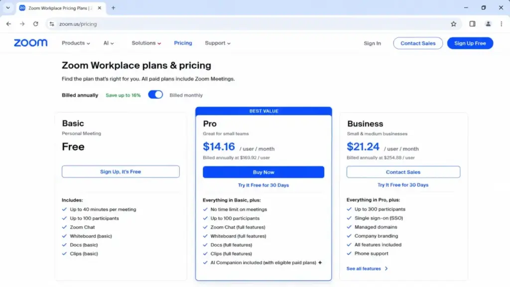 Screenshot-style mockup of the Zoom Workplace pricing page showing the Basic, Pro, and Business plans, with Pro priced at $14.16 per user per month billed annually.