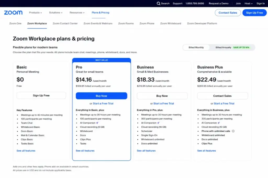 Zoom Workplace pricing page showing Basic, Pro, Business, and Business Plus plans with annual pricing and key features.