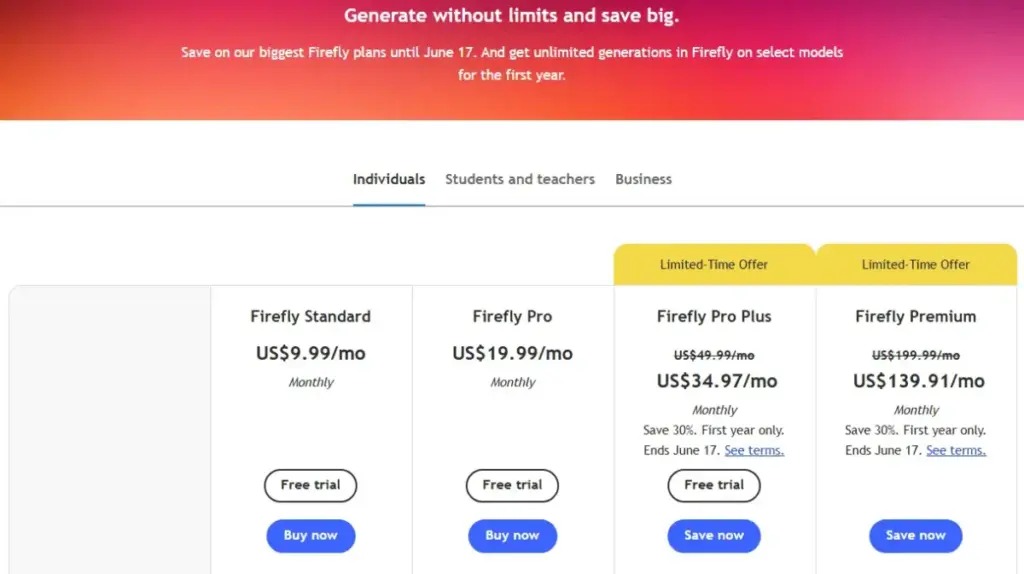 Adobe Firefly plans page showing Standard, Pro, Pro Plus, and Premium pricing with free trial buttons