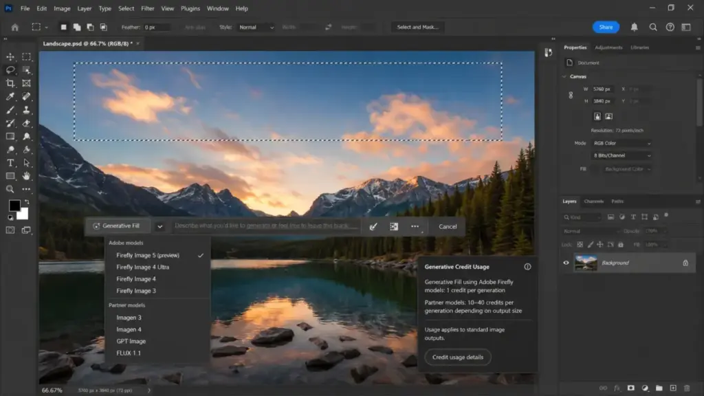 Adobe Photoshop Generative Fill interface showing AI model options and generative credit usage details.
