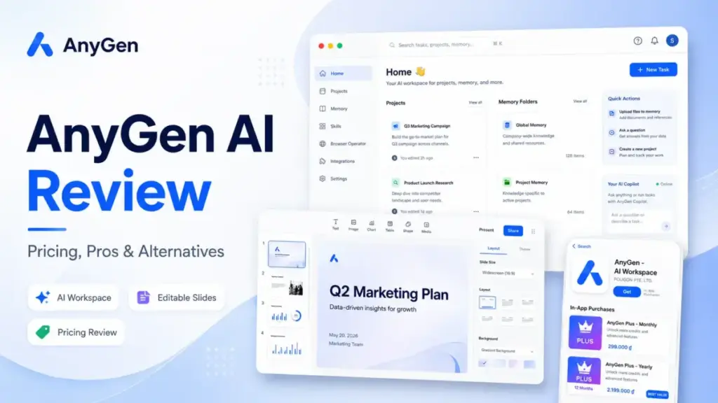 AnyGen AI Review featured image showing the AnyGen workspace dashboard, editable slide editor, and App Store pricing preview.