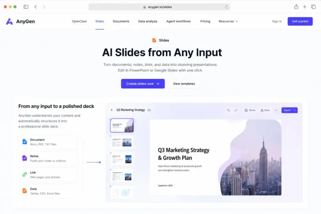AnyGen AI Slides feature page showing document-to-deck conversion workflow and editable presentation preview.