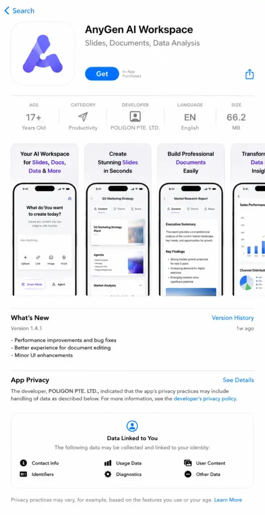 AnyGen App Store listing showing free download, in-app purchases, developer information, screenshots, and app privacy details.
