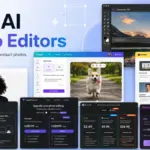 Best AI photo editors featured image showing Photoshop, Canva, Photoroom, Luminar Neo, Topaz, Pixlr, Picsart, and Evoto interfaces.
