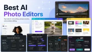 Best AI photo editors featured image showing Photoshop, Canva, Photoroom, Luminar Neo, Topaz, Pixlr, Picsart, and Evoto interfaces.