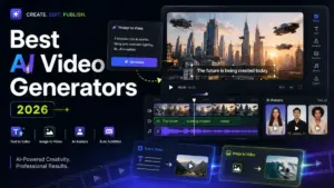 Best AI Video Generators 2026 featured image showing AI video editor, prompt-to-video tools, avatars, subtitles, and video timeline