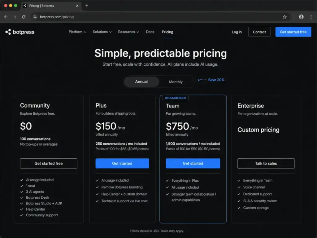 Botpress pricing page showing Community, Plus, Team, and Enterprise plan tiers.
