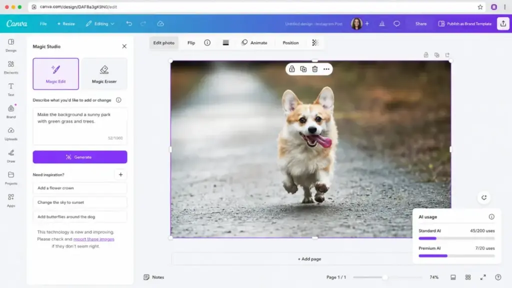 Canva Magic Studio editor showing Magic Edit, Magic Eraser, and AI usage limits for Standard and Premium AI tools.