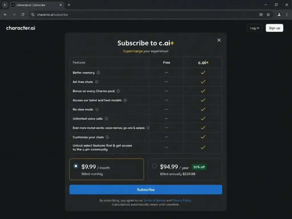 Character.AI subscribe page showing c.ai+ features, monthly pricing, and annual pricing options.