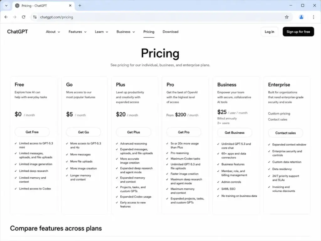 ChatGPT pricing page showing Free, Go, Plus, Pro, Business, and Enterprise plan tiers.