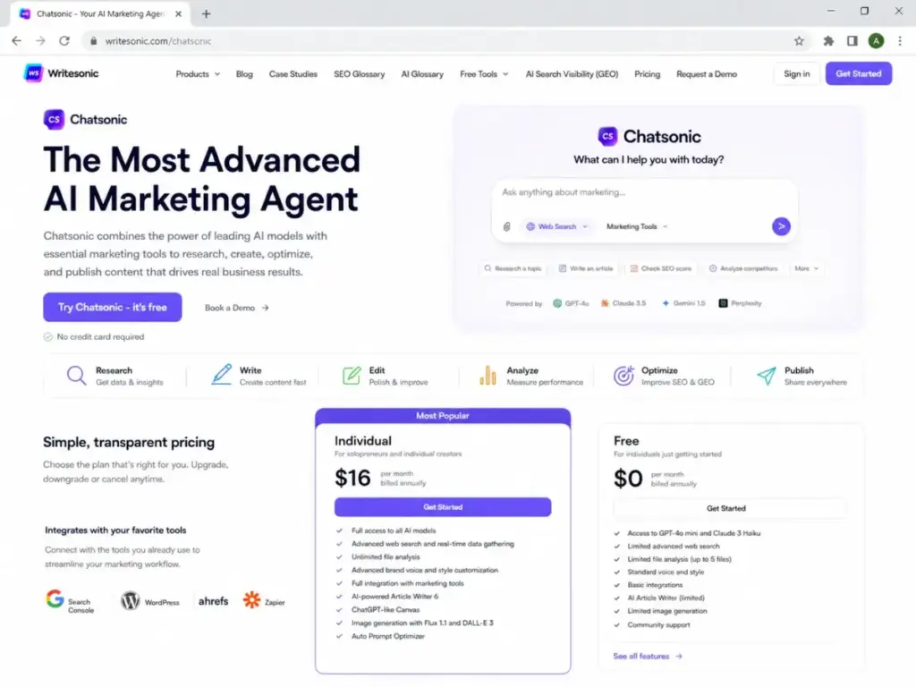 Chatsonic product page showing AI marketing agent positioning and $16 per month Individual plan pricing.
