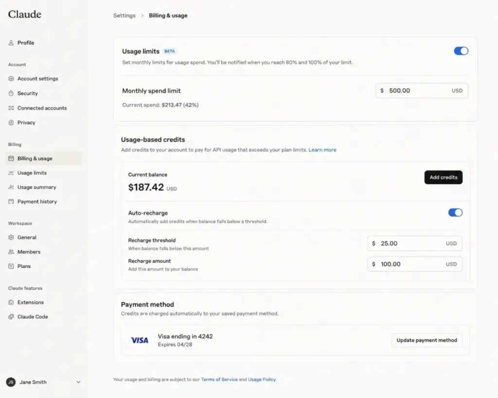 Claude billing and usage settings panel showing monthly spend limits, usage credits, auto-recharge, and payment method