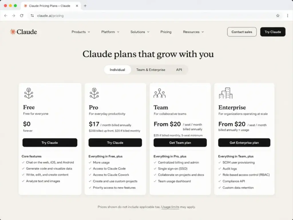 Claude pricing plans overview showing Free, Pro, Team, and Enterprise options in 2026