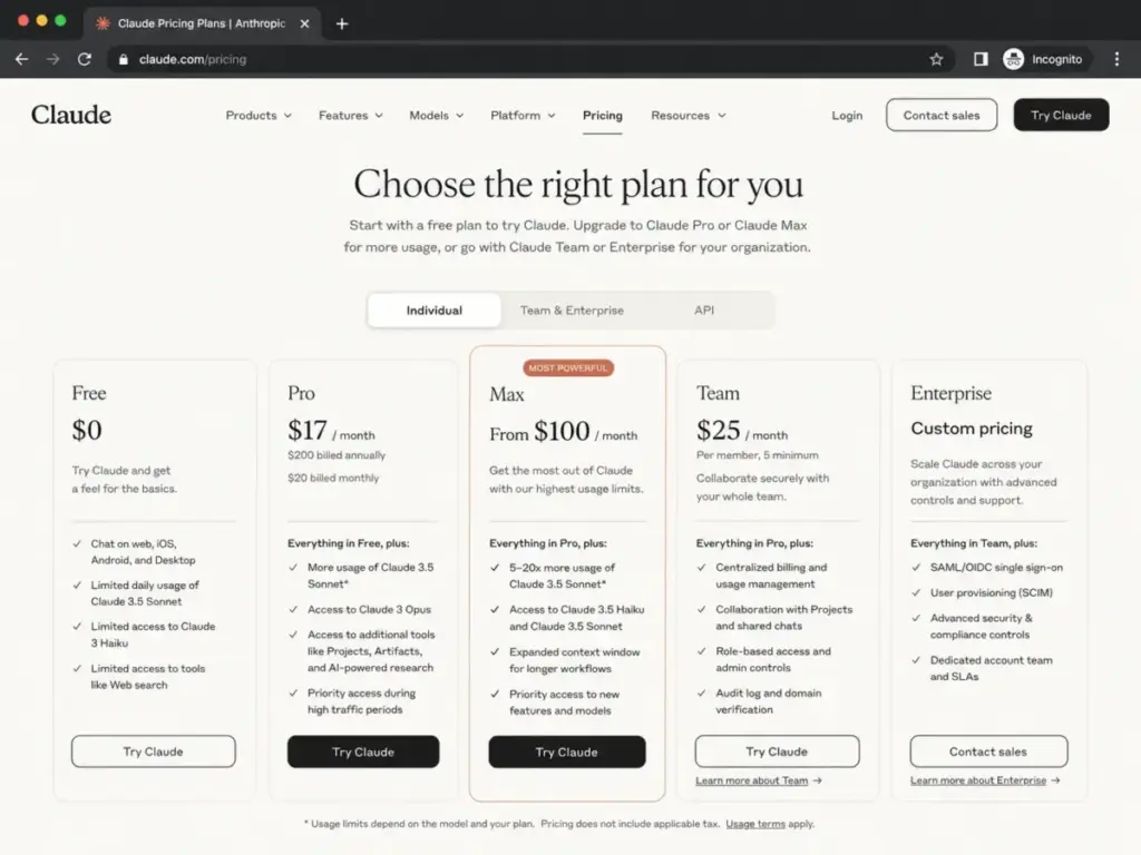 Claude pricing page showing Free, Pro, Max, Team, and Enterprise plan tiers.
