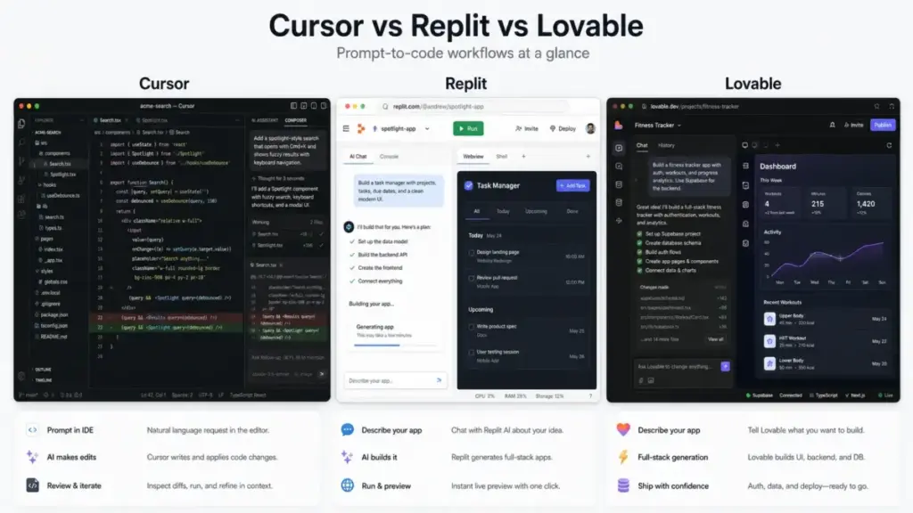 Side-by-side comparison of Cursor, Replit, and Lovable interfaces showing prompt-to-code workflows