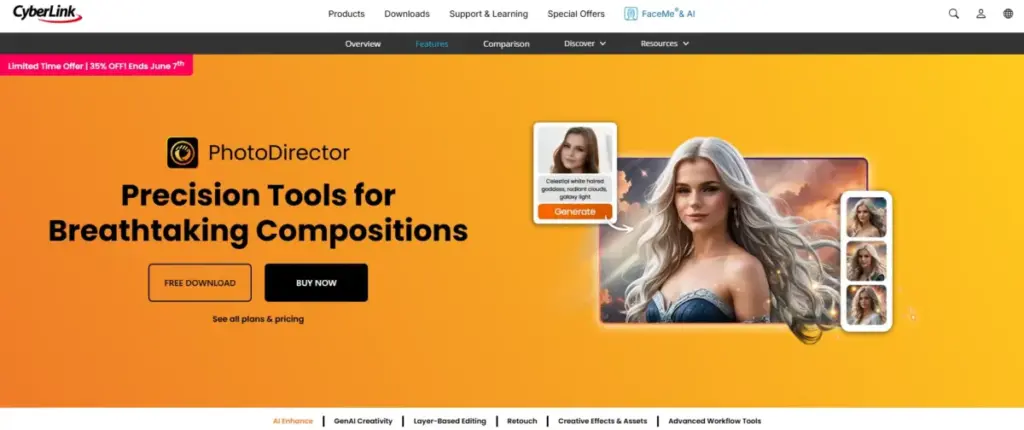 CyberLink PhotoDirector product page showing AI-enhanced composition tools with Free Download and Buy Now buttons.