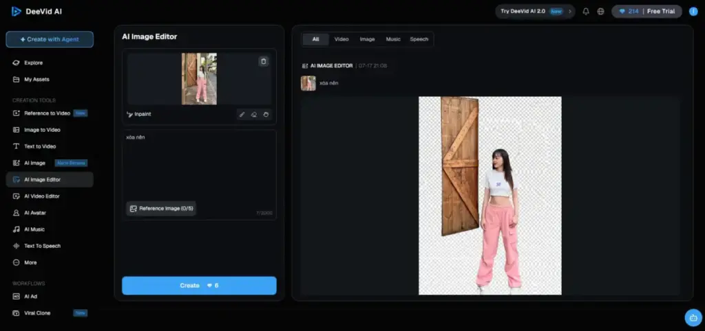 DeeVid AI Image Editor interface removing the background from a photo with transparent PNG output.