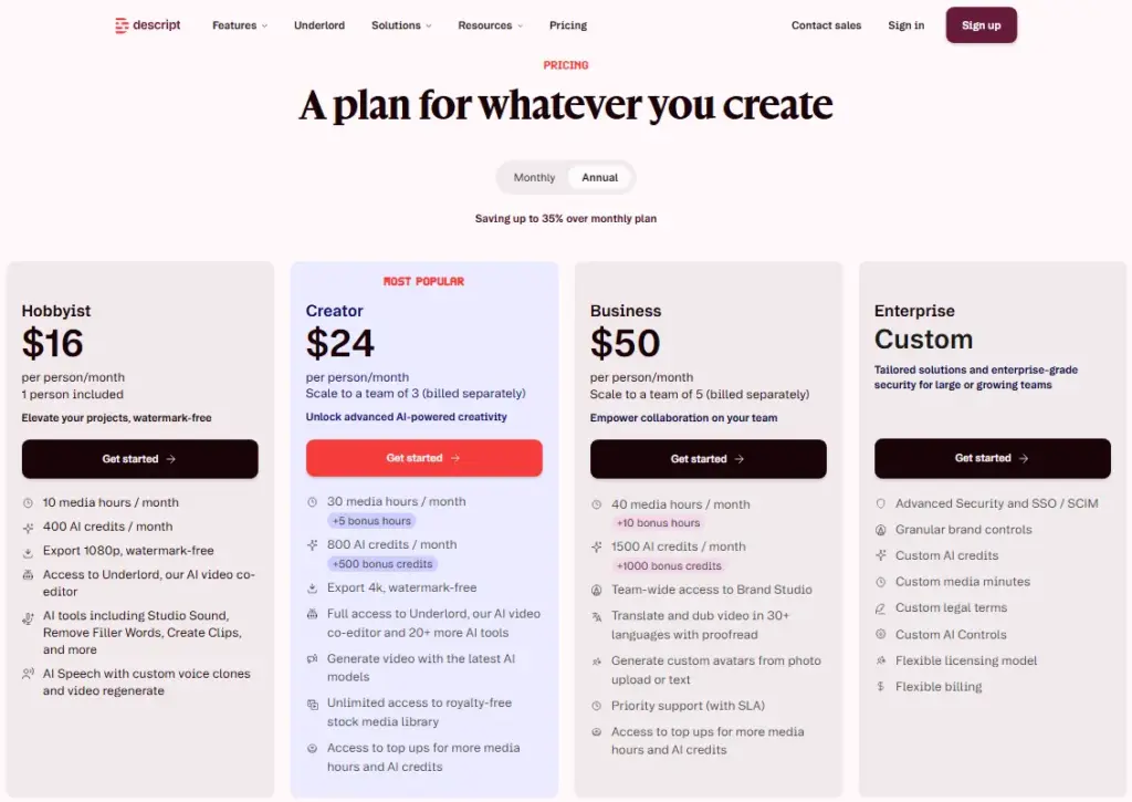 Descript pricing page showing Hobbyist, Creator, Business, and Enterprise annual plans