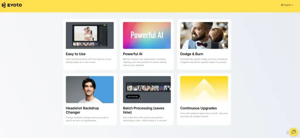 Evoto feature page showing AI photo retouching tools including batch processing, dodge and burn, and headshot backdrop changer.