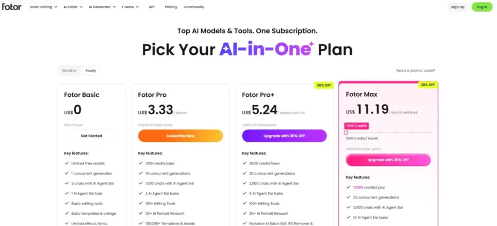 Fotor pricing page showing the Fotor Basic free plan, AI credit limits, and paid AI-in-one subscription tiers.