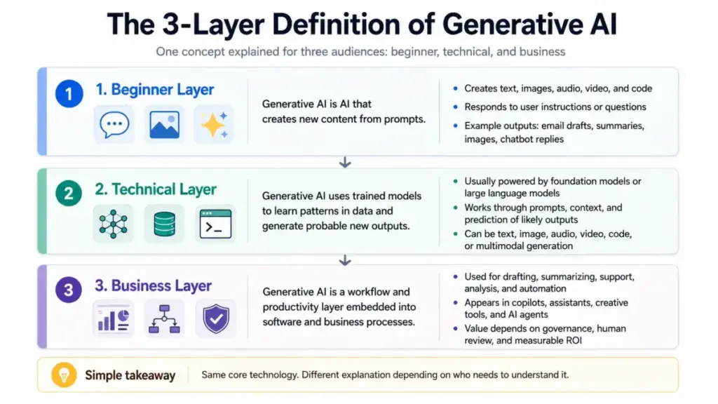 Diagram explaining the 3-layer definition of generative AI for beginner, technical, and business audiences.