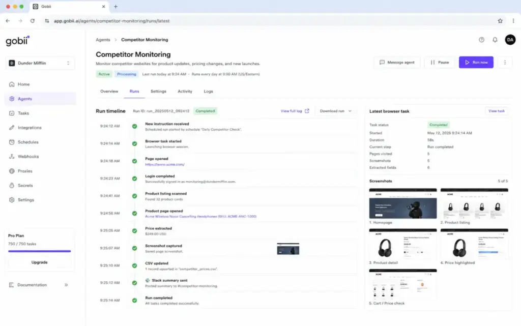 Gobii agent execution timeline showing completed browser automation steps, captured screenshots, and competitor monitoring run details.