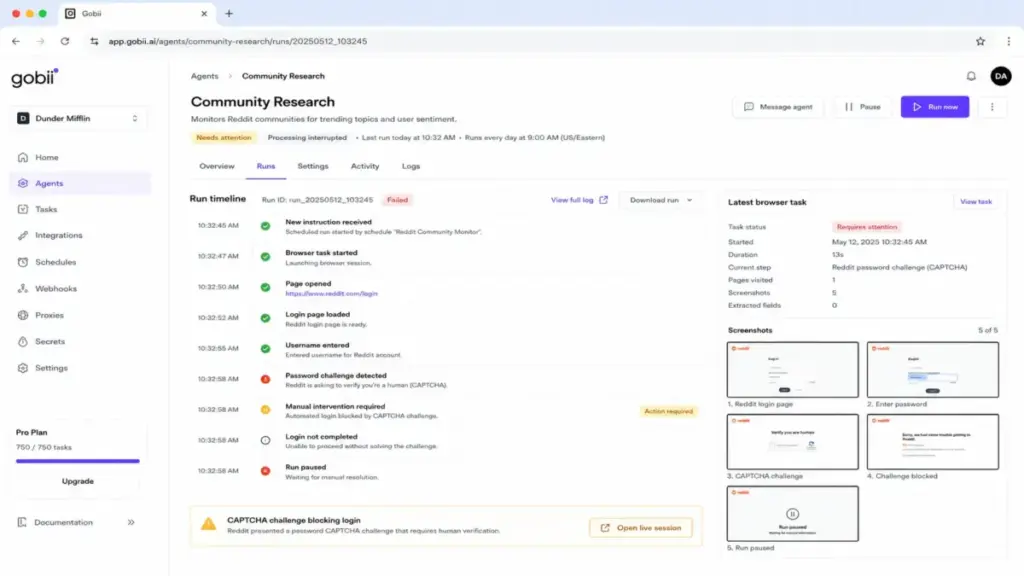 Gobii agent run timeline showing a Reddit login failure caused by a CAPTCHA password challenge requiring manual intervention.