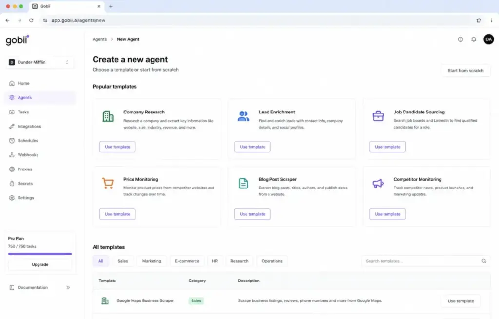 Gobii new agent setup screen showing browser agent templates for company research, lead enrichment, sourcing, price monitoring, and competitor monitoring.