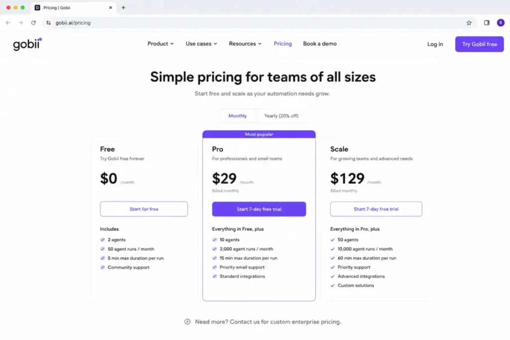 Gobii pricing page showing Free, Pro, and Scale plan cards with monthly pricing, included agent runs, support options, and trial buttons.