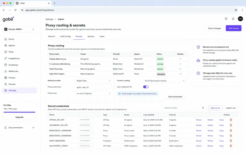 Gobii admin settings screen showing proxy routing rules, residential IP options, and encrypted secret credentials for AI browser agents.