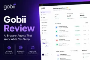 Gobii Review featured image showing an AI browser agent dashboard with recent runs, automation templates, and task status cards.