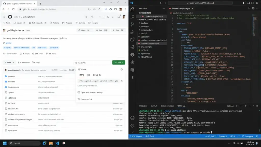 Gobii self-hosted setup screen showing GitHub repository clone URL and Docker Compose environment variables in VS Code.