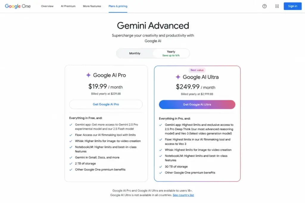 Google Gemini subscriptions page showing Google AI Pro and Google AI Ultra pricing tiers.