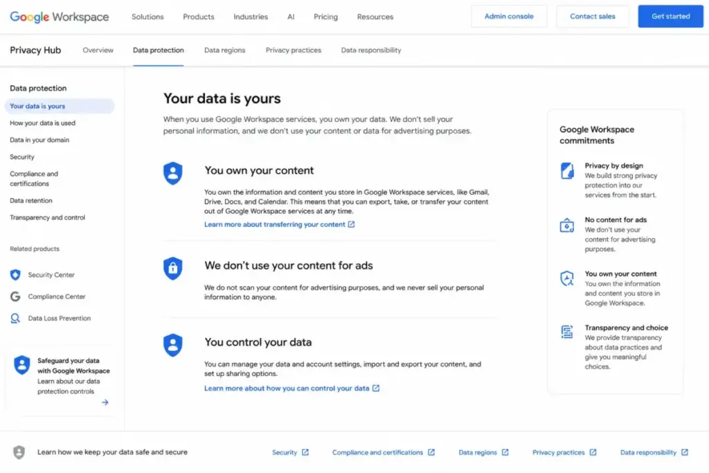 Google Workspace Privacy Hub page showing data protection commitments, including user data ownership, no content use for ads, and data control options.
