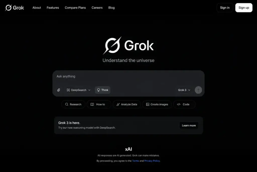 Grok homepage showing real-time search, DeepSearch, Think mode, and xAI model positioning.