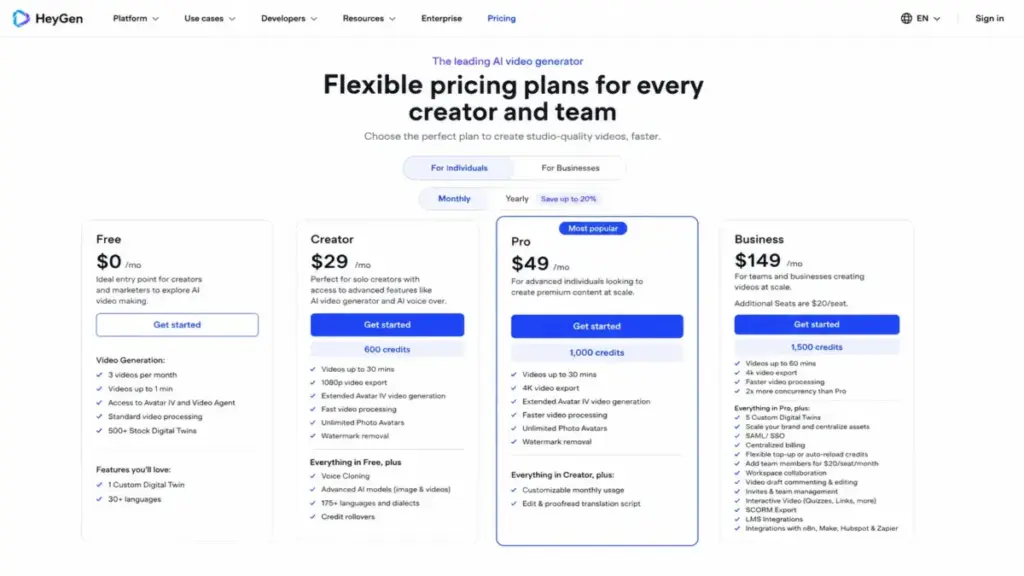 HeyGen pricing page showing Free, Creator, Pro, and Business plans with monthly billing selected
