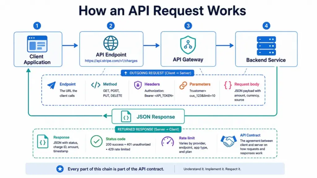 How an API request works from client application to endpoint, API gateway, backend service, and JSON response.