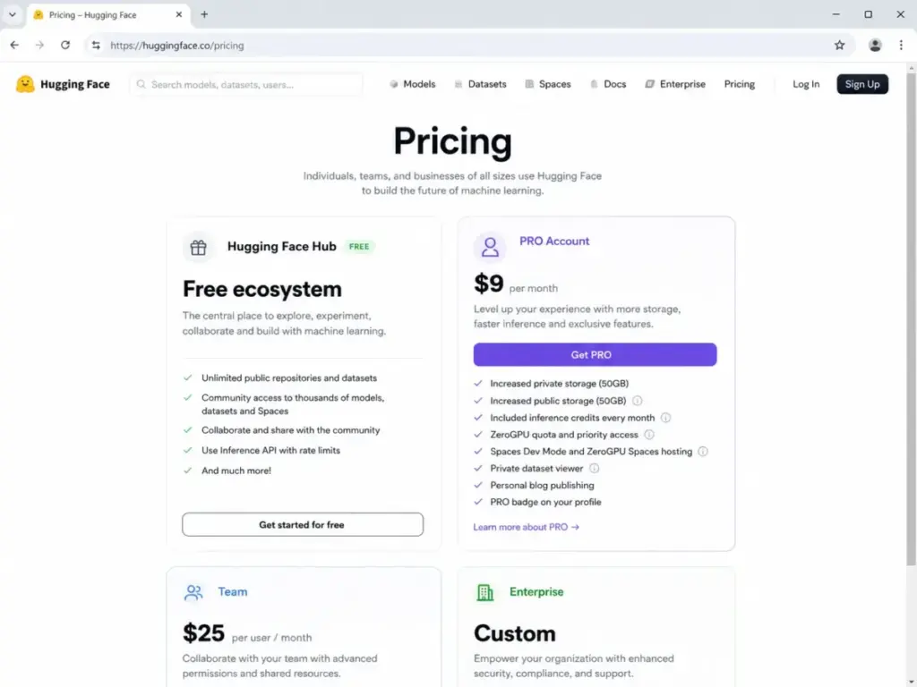 Hugging Face pricing page showing the free ecosystem and Pro account at $9 per month.