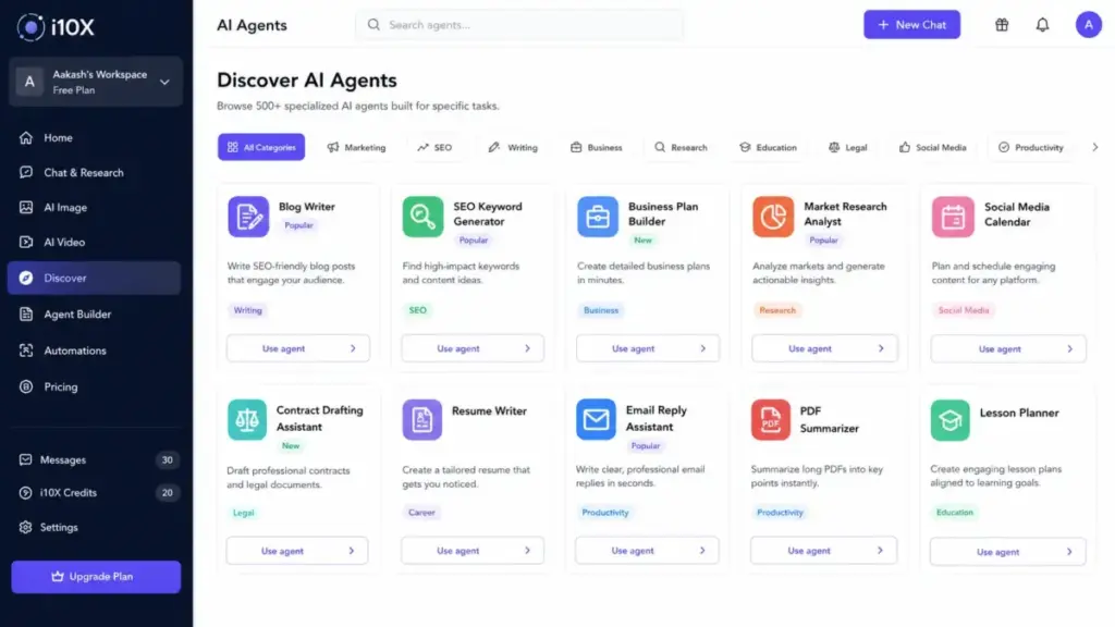 i10X AI agent marketplace showing specialized agents by category