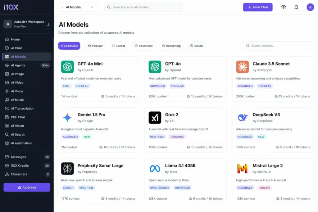 i10X AI model selection interface showing GPT, Claude, Gemini, Grok, and DeepSeek model cards