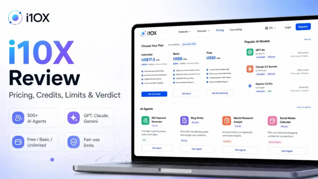 i10X Review 2026 featured image showing pricing plans, AI models, and AI agents dashboard