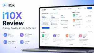 i10X Review 2026 featured image showing pricing plans, AI models, and AI agents dashboard