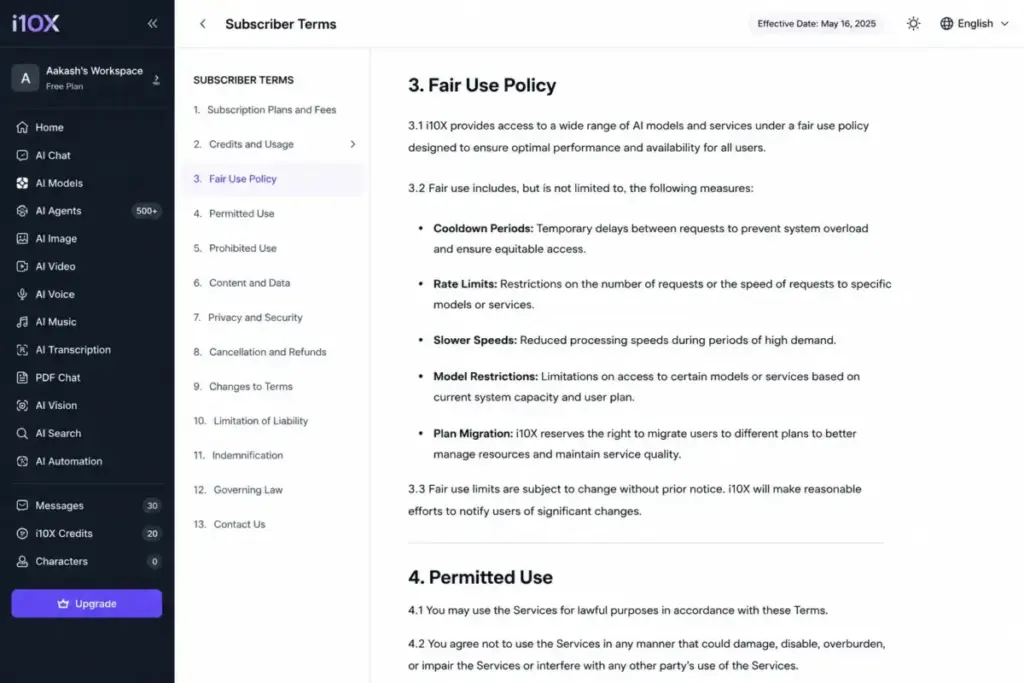 i10X Subscriber Terms showing fair-use controls, cooldowns, rate limits, and model restrictions