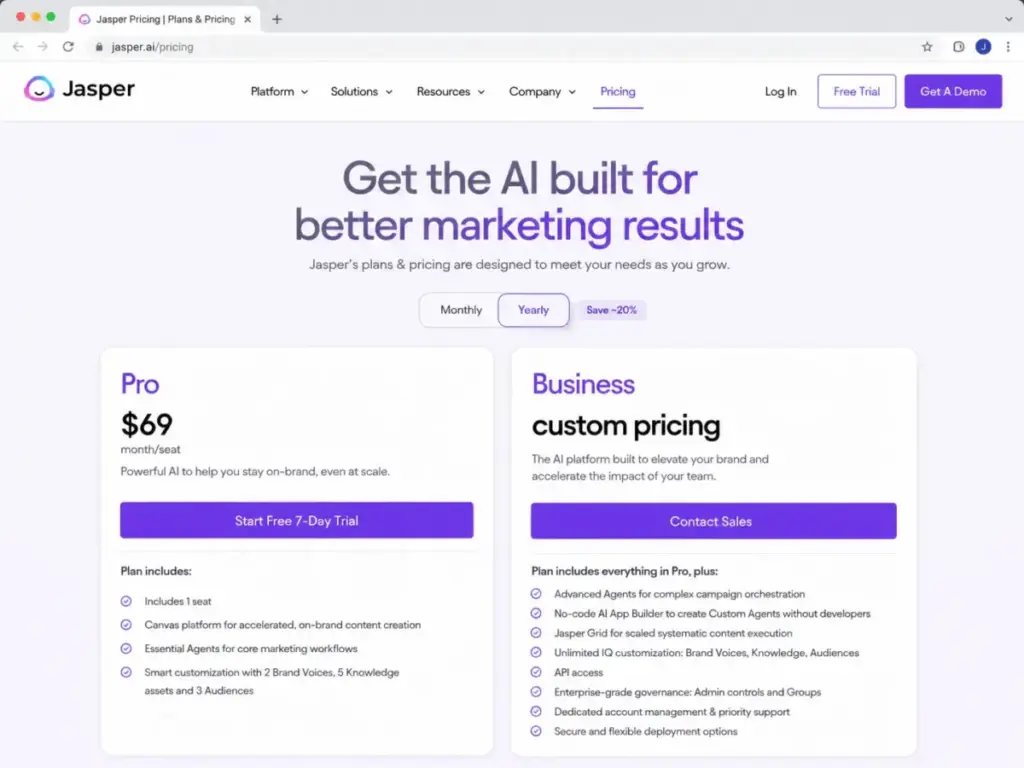 Jasper pricing page showing Pro at $69 per month and Business custom pricing.