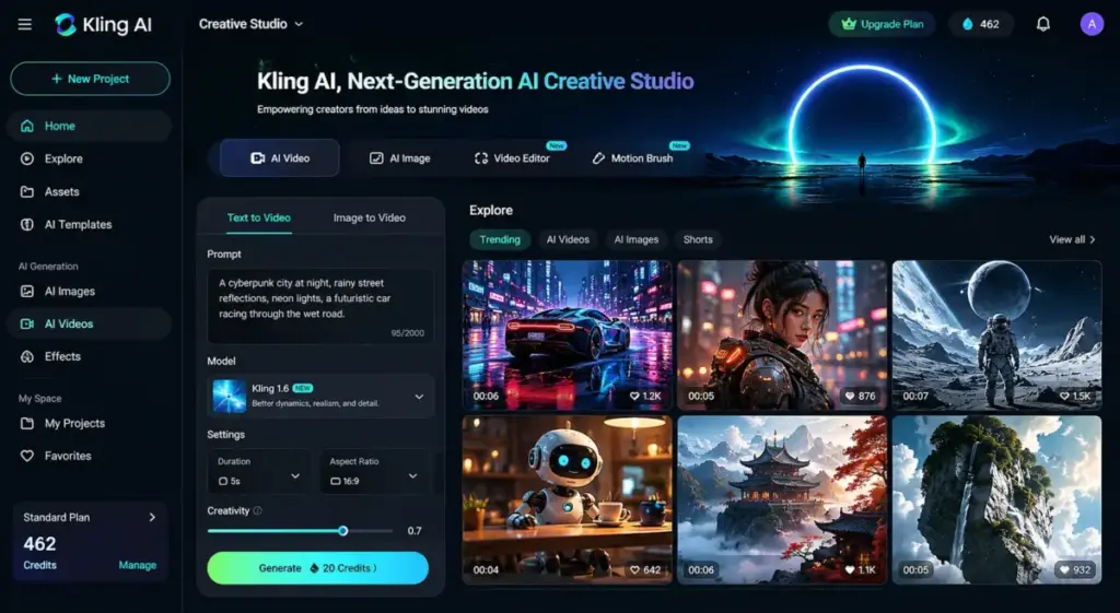 Kling AI Creative Studio interface showing AI video generation tools, prompt settings, credits, and video gallery