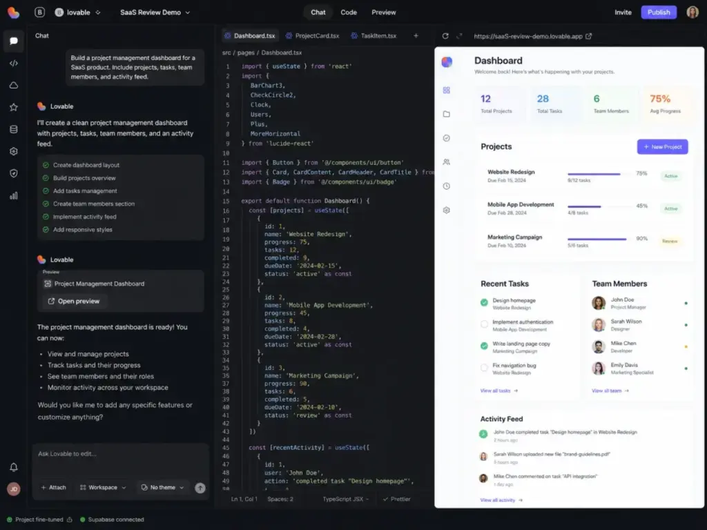 Lovable main editor interface with chat prompt panel, code editor, and live app preview for a SaaS dashboard project.