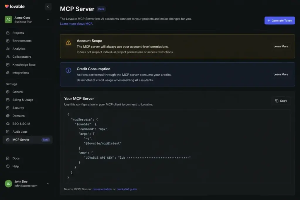 Lovable MCP Server settings screen showing account scope warning, credit consumption notice, and token generation button.